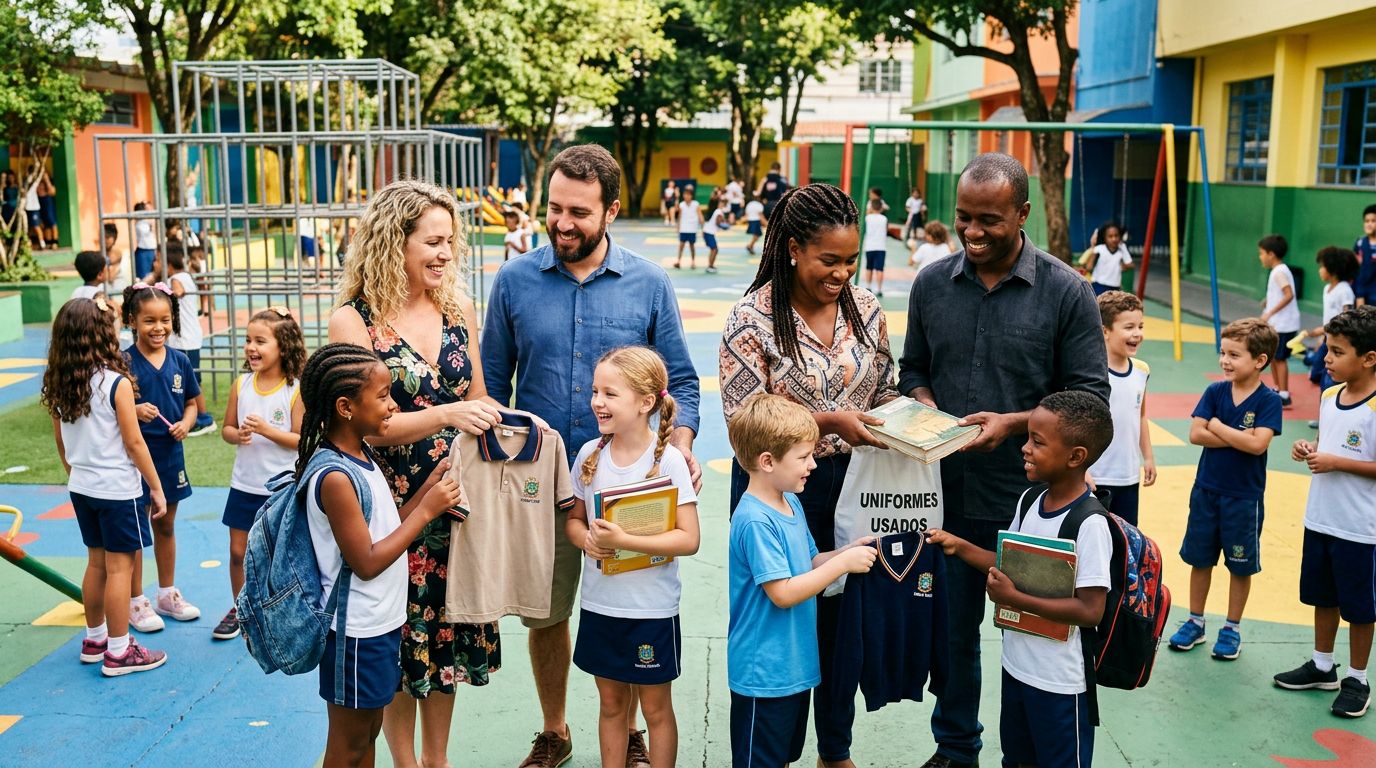 Famílias e crianças trocando uniformes e livros no pátio da escola